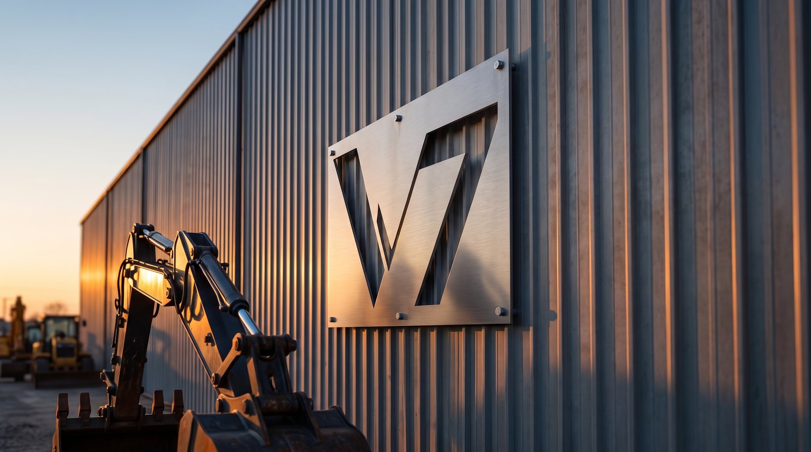 Fachada do pátio da V7 Locações, com placa da marca e equipamentos