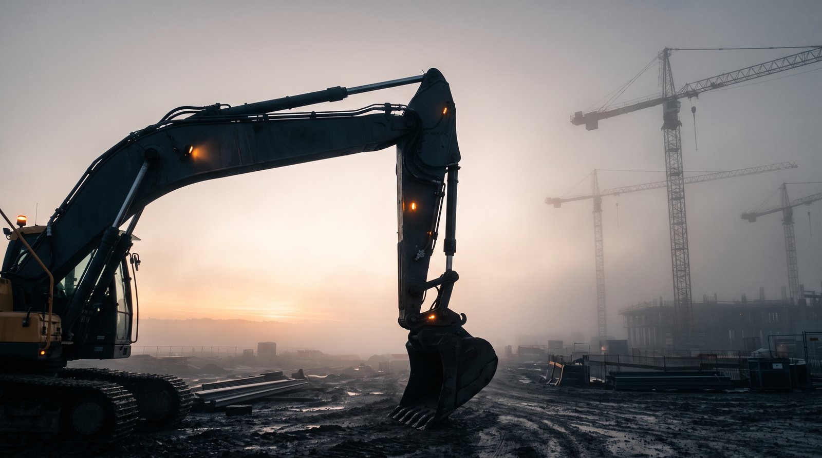 Escavadeira em canteiro de obras ao entardecer, com guindastes ao fundo